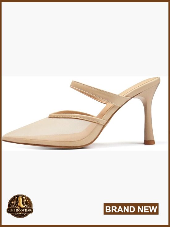 Shoes - Mesh Pointed Toe Mules with 3.7 Inch Heels Slip On Heeled Sandals